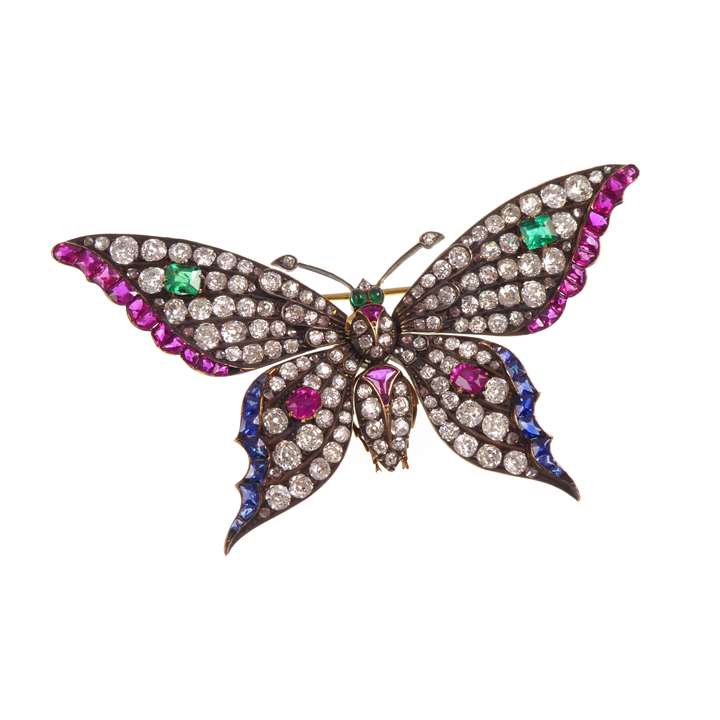 Diamond, ruby, emerald and sapphire tremblant butterfly brooch